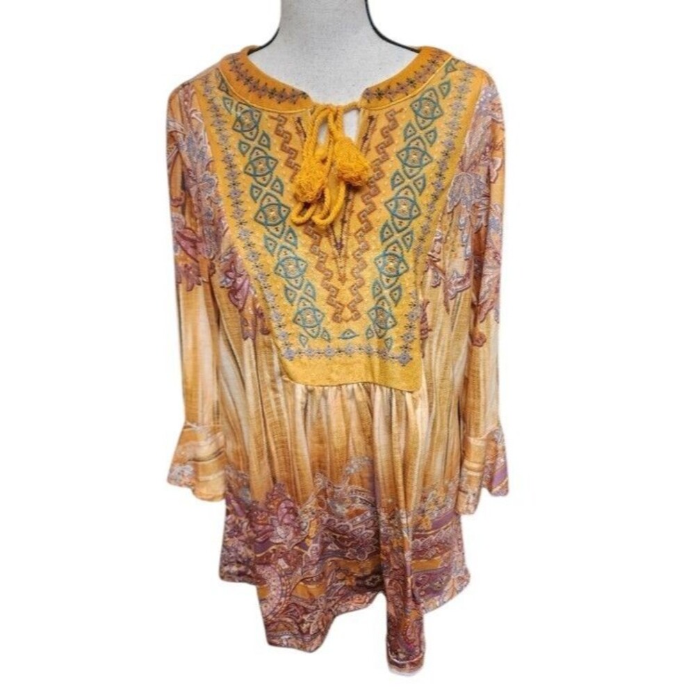 Farmers Market Boho Peasant Top Size XL Velvet Yoke Long Sleeve Ethnic Hippie